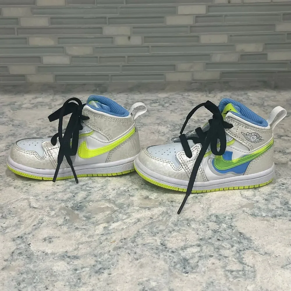 Nike Air Jordan 1 Mid Neon Yellow White Blue Toddler Boy's 5.5 Shoe DV1322-017